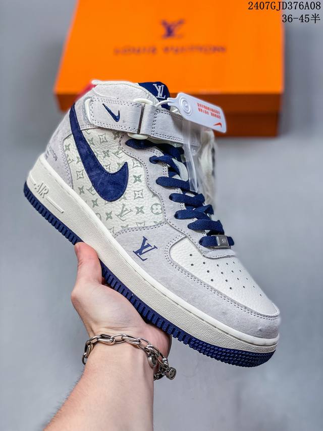 海外限量发售！公司级nike Air Force 1 '07 Low “Lv联名--灰蓝猪八印花”空军一号 中帮 运动鞋 休闲鞋 折边针车 工艺难度大 原楦头原