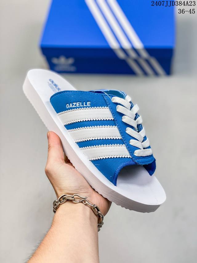 Adidas阿迪达斯三叶草夏季女鞋gazelle Beach运动鞋拖鞋 三叶草整新活儿！拖鞋版 Gazelle 来了！此次并没有采用之前传统的发泡式拖鞋，而是将