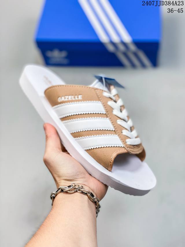 Adidas阿迪达斯三叶草夏季女鞋gazelle Beach运动鞋拖鞋 三叶草整新活儿！拖鞋版 Gazelle 来了！此次并没有采用之前传统的发泡式拖鞋，而是将