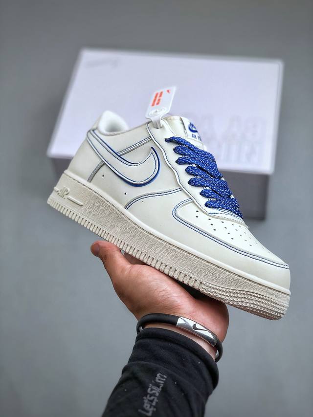 Nike Air Force 1 Low “皮革米白皇家蓝车线” 原楦头原纸板 打造纯正空军版型专注外贸渠道 全掌内置蜂窝气垫 原盒配件 原厂中底钢印、拉帮完美