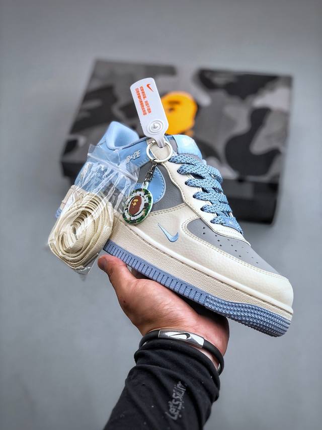 Nike Air Force 1 '07 Low “Bape联名--米灰蓝”空军一号 低帮 运动休闲鞋 折边针车 工艺难度大 原楦头原纸板 原装鞋盒 定制五金配