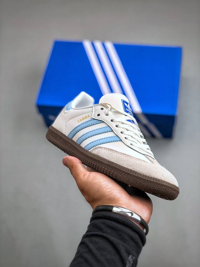 Adidas Originals Samba Og桑巴舞系列绅士德训足球风百搭低帮休闲运动板鞋“皮革白灰宝宝蓝焦糖底”Ji2003 尺码：35-45 半