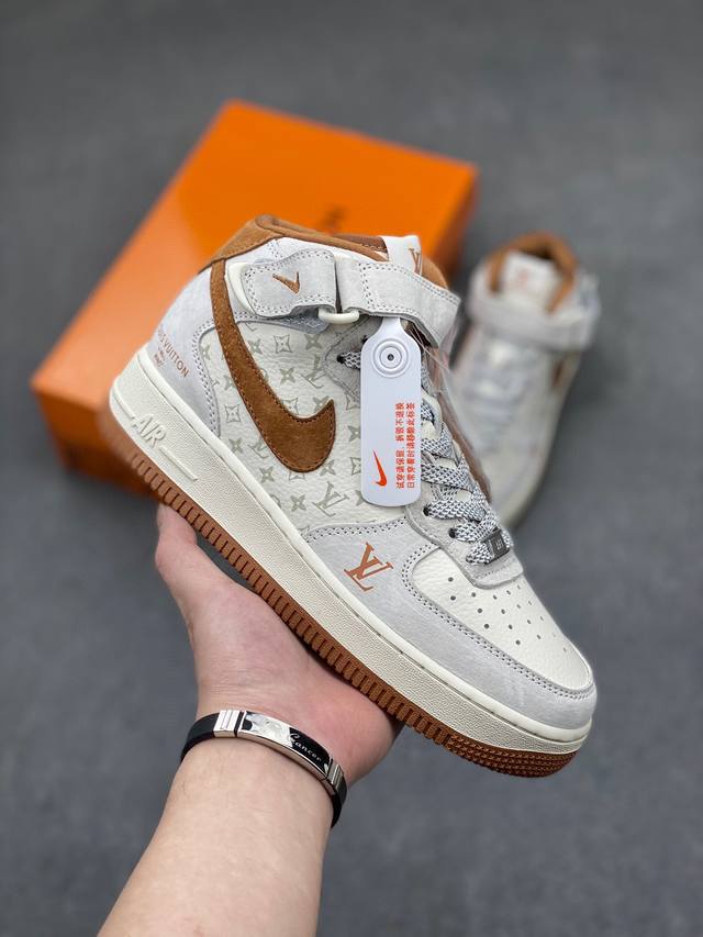 海外限量发售！公司级nike Air Force 1 '07 Low “Lv联名--米灰棕印花”空军一号 中帮 运动鞋 休闲鞋 折边针车 工艺难度大 原楦头原纸