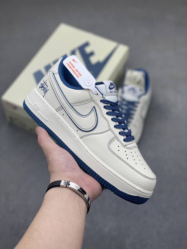 海外限量发售 公司级 Stussyx Nike Air Force 1 Low 斯图西联名 米青色反光空军一号低帮休闲板鞋 客供高亮3M反光 定制皮料 折边针车