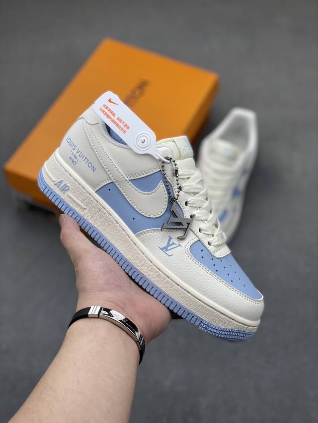 海外限量发售！公司级nike Air Force 1 '07 Low “Lv联名--米白冰蓝”空军一号 低帮 运动鞋 休闲鞋 折边针车 工艺难度大 原楦头原纸板