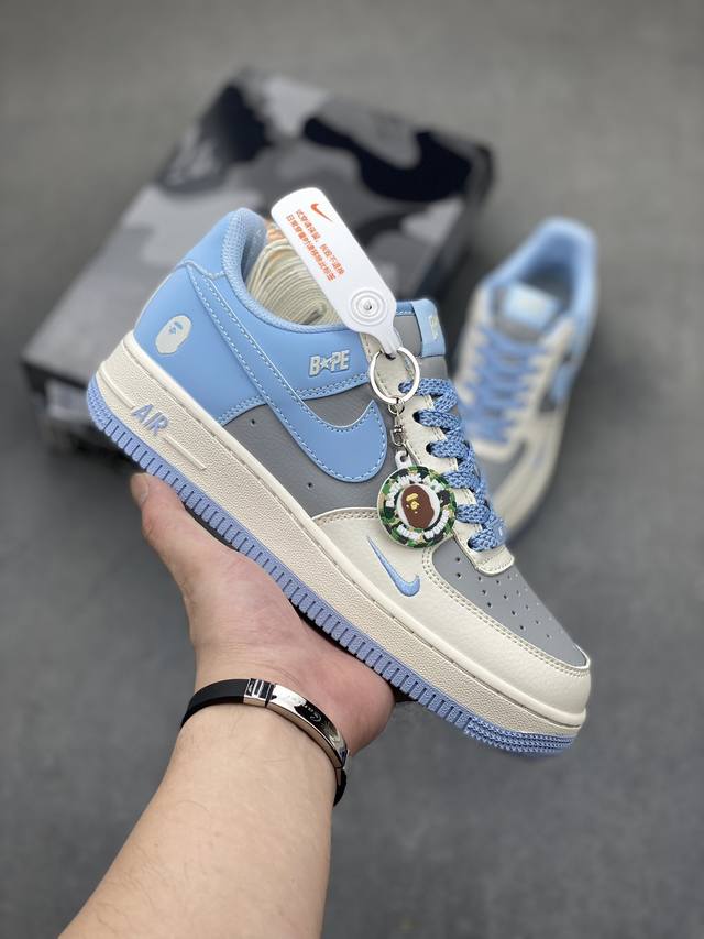 海外限量发售！公司级nike Air Force 1 '07 Low “Bape联名--米灰蓝”空军一号 低帮 运动鞋 休闲鞋 折边针车 工艺难度大 原楦头原纸