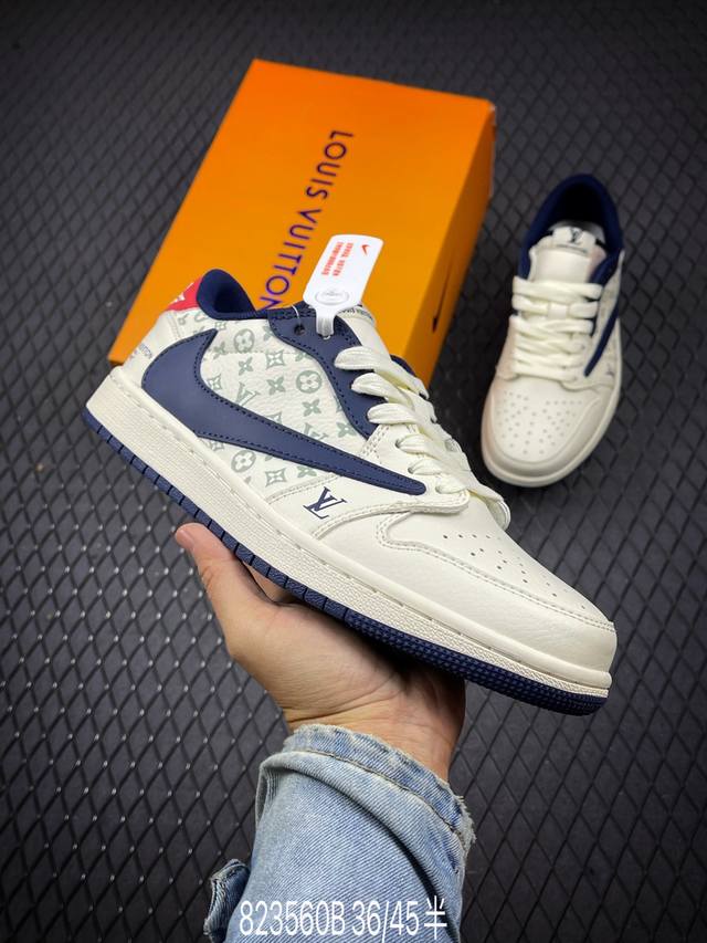 Lv X Air Jordan 1 Low 米蓝红印花 此款主张打破传统的工业化流水线设计限制，以made By Ideas的超级创意为理念，集结众多潮流设计师