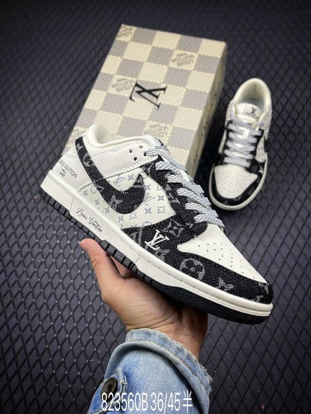 Lv X Nike Dunk Low 米黑牛仔 此款主张打破传统的工业化流水线设计限制，以made By Ideas的超级创意为理念，集结众多潮流设计师，结合时