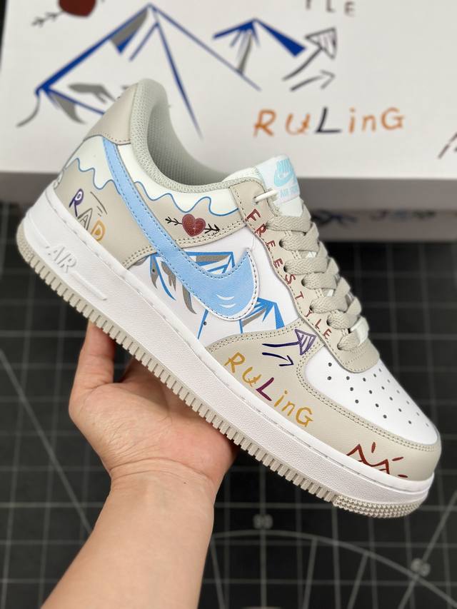 官方爆款定制 二次元主题 Nike Air Force 1 Low’07 雪山 配色涂鸦 空军一号低帮休闲板鞋 定制皮料 原厂3D打印 定制鞋盒 原楦原纸板 纯