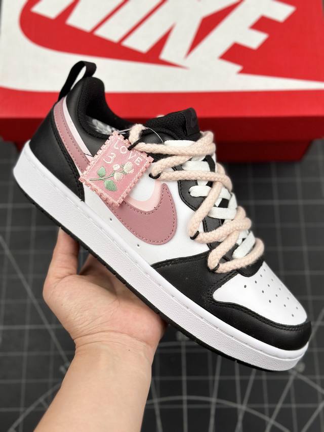 耐克nike Court Borough Low Recraft 2 Black Rose Pink 学院系列低帮休闲运动板鞋“皮革暗黑粉玫绑绳” #女鞋真标半