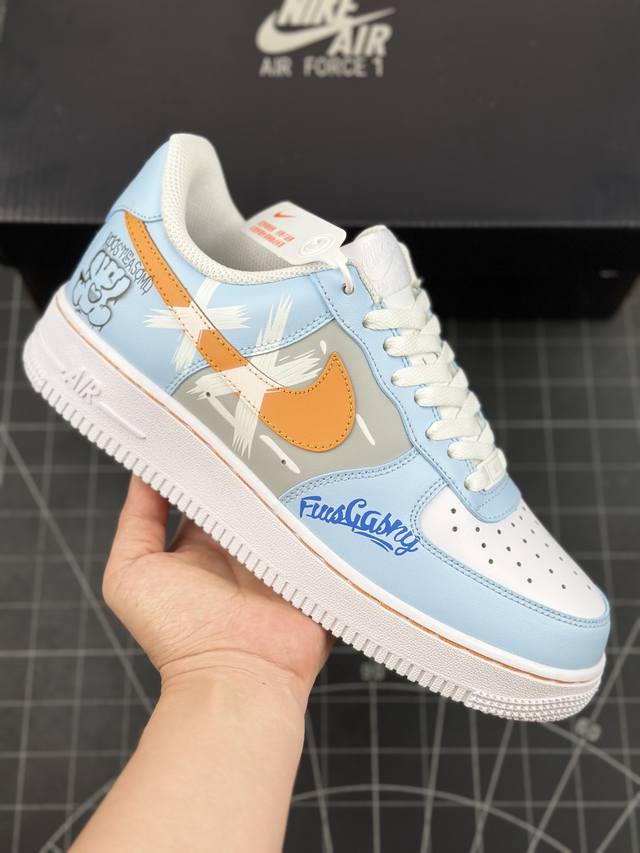 耐克nike Air Force 1 07 Lv8 空军一号经典低帮百搭休闲运动板鞋“浅蓝深黄白黑小熊涂鸦” 男女鞋真标半码制#原楦原纸版开发版型#采用硬质粒面