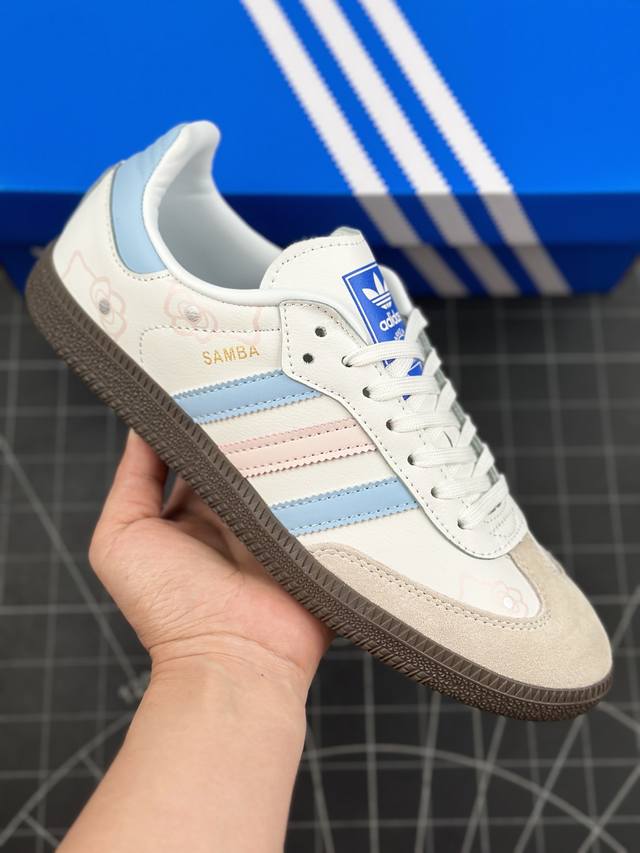 阿迪达斯 三叶草adidas Wmns Originals Samba Og 桑巴舞系列绅士德训足球风百搭低帮休闲运动板鞋“白蓝粉凯蒂喵喵小猫头涂鸦” #男女鞋