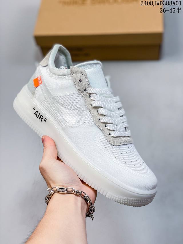 off-White X Nike Air Force 1 Ow联名空军一号 鞋款延续了此次联名的设计风格，整体以白色为主调，鞋身内侧同样印有大面积标语，奶白色水