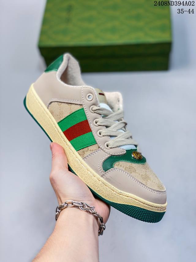 古驰 Gucci Distressed Screener Sneaker 古驰小脏鞋系列 官方同步 经典原型复古百搭做旧小脏板鞋复古学院风 怀旧版 编码：08N