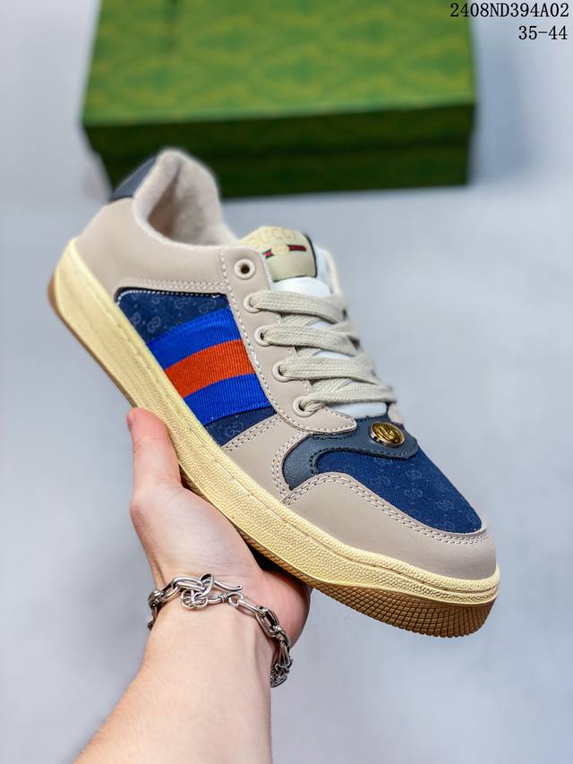 古驰 Gucci Distressed Screener Sneaker 古驰小脏鞋系列 官方同步 经典原型复古百搭做旧小脏板鞋复古学院风 怀旧版 编码：08N