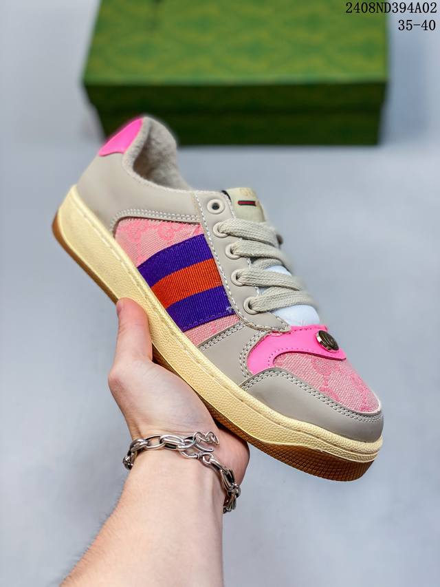 古驰 Gucci Distressed Screener Sneaker 古驰小脏鞋系列 官方同步 经典原型复古百搭做旧小脏板鞋复古学院风 怀旧版 编码：08N