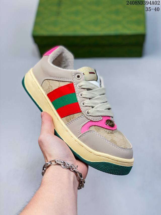 古驰 Gucci Distressed Screener Sneaker 古驰小脏鞋系列 官方同步 经典原型复古百搭做旧小脏板鞋复古学院风 怀旧版 编码：08N