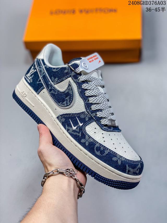 海外限量发售！公司级nike Air Force 1 '07 Low “Lv联名--深兰双勾”空军一号 低帮 运动鞋 休闲鞋 折边针车 工艺难度大 原楦头原纸板