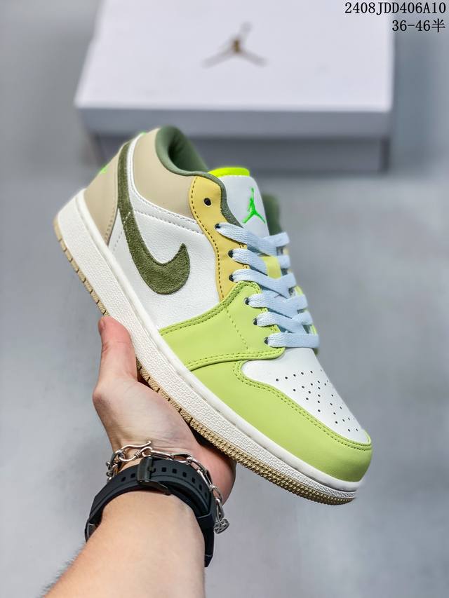 头层带半码 air Jordan 1 Low White Olive 低帮 绿白 Aj1 乔丹1代 Aj1 乔1 低邦 绿白 乔丹篮球鞋系列 采用简单的双色调白