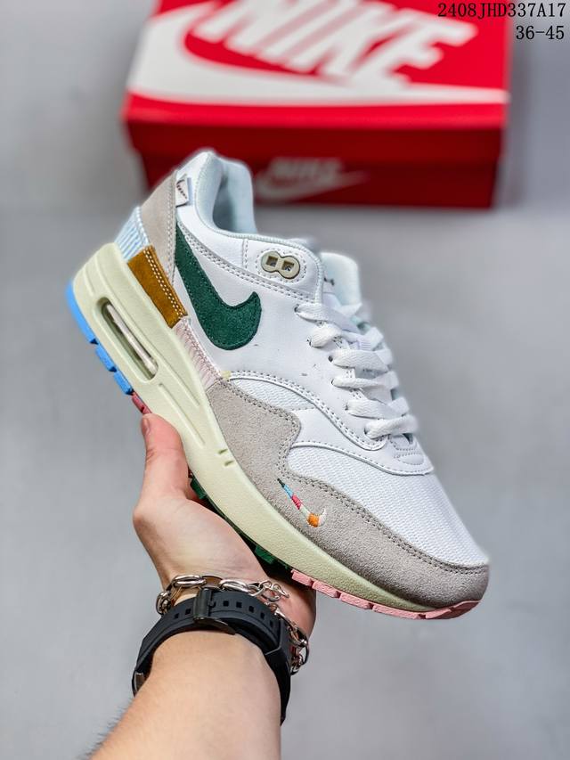 nk Air Max 1 ”Aii Petals United“ 白蓝绿 复古气垫跑鞋 鞋型清洁度品控完美 正确鞋型 回弹pu模嵌入开窗气垫装置 货号：Fq02