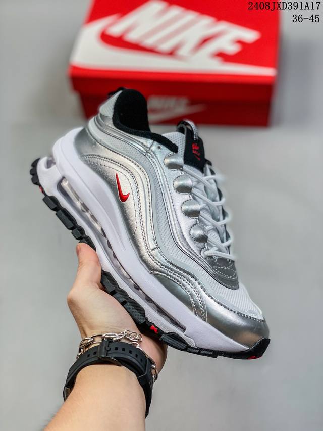 耐克nike休闲鞋 经典 气垫 Air Max 97 子弹气垫低帮运动鞋。Air Max '97 运动跑鞋以流线型鞋身和卓越科技为热爱运动的你造就全方位防护，强