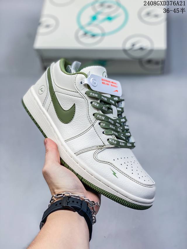 海外爆款限量发售！公司级 Nike Jordan Air Jordan 1“闪电联名 米白橄榄绿” 高端定制 低帮 复古 减震 防滑 耐磨 篮球鞋 定制鞋盒 大