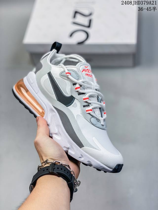 耐克 Nike Air Max 270 React全掌 React 缓震 后掌则是夸张又狂放的 Air Max 270 可视大气垫 鞋身在配色方面也是大胆个性的