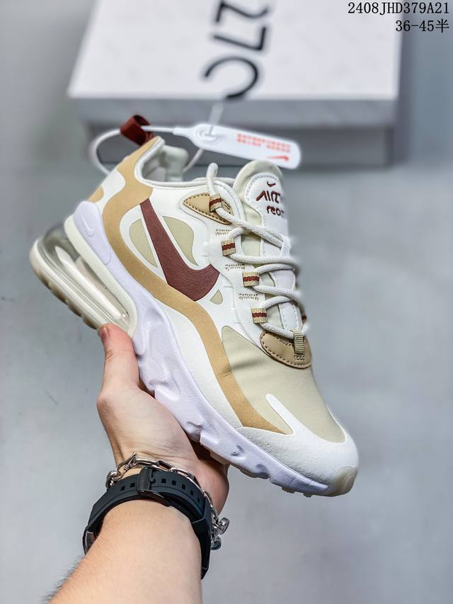 耐克 Nike Air Max 270 React全掌 React 缓震 后掌则是夸张又狂放的 Air Max 270 可视大气垫 鞋身在配色方面也是大胆个性的