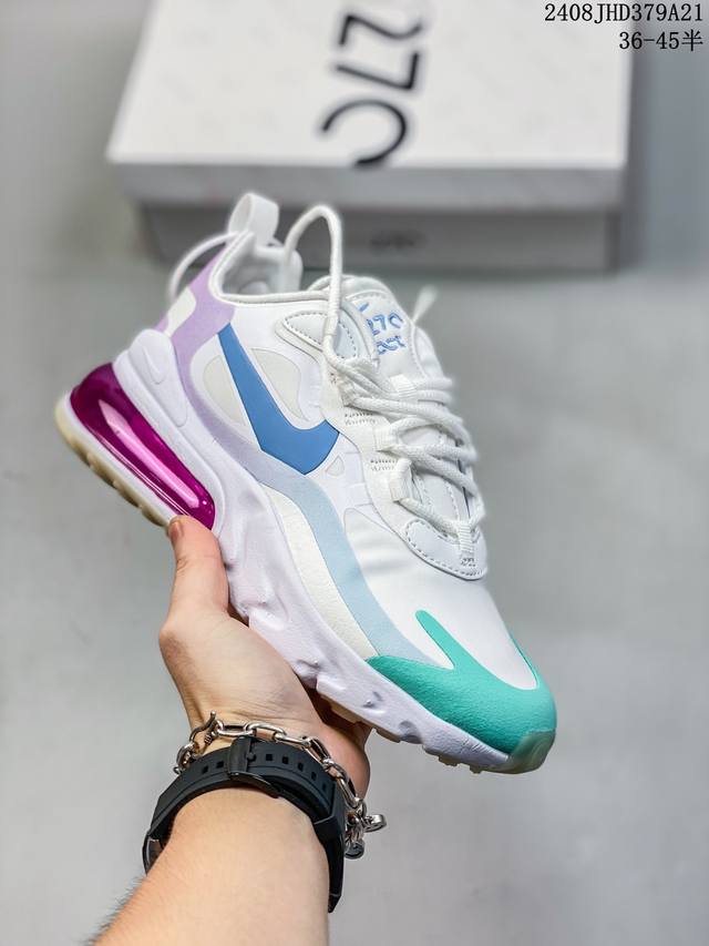 耐克 Nike Air Max 270 React全掌 React 缓震 后掌则是夸张又狂放的 Air Max 270 可视大气垫 鞋身在配色方面也是大胆个性的