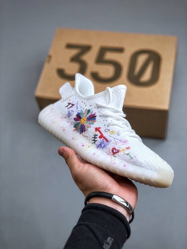 diy定制 情人节七夕 涂鸦adidas Yeezy Boost 350 V2椰子百搭轻便爆米花中底休闲运动慢跑鞋 尺码：36-45