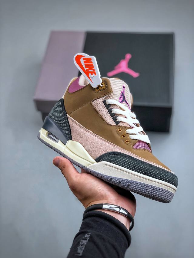 air Jordan 3 Retro Se Archaeo Brown 棕色拼接 乔丹篮球鞋系列 整双鞋采用摩卡为底色，采用十分少见的紫色与粉色呈现，带来极为亮