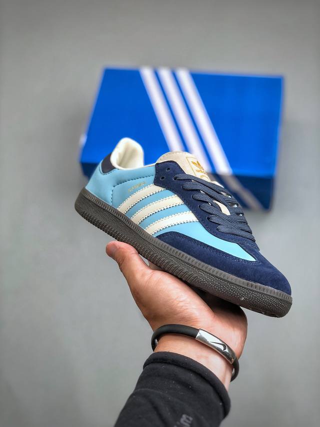 adidas Originals Samba Og桑巴舞系列绅士德训足球风百搭低帮休闲运动板鞋“皮革靛蓝朦胧绿焦糖底”Ji4208 尺码：36-45 半