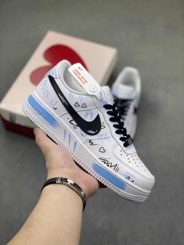 官方爆款定制 二次元主题 Nike Air Force 1 Low’07 彼岸情书 白蓝 喷绘 空军一号低帮休闲板鞋 定制皮料 原厂3D打印 定制鞋盒 原楦原纸