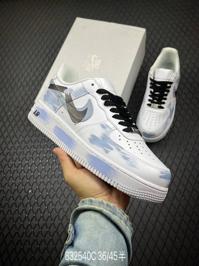 c Nk Air Force 1'07 Low 二次元主题手绘 断裂三勾阴影 白蓝色 空军一号低帮休闲板鞋 Cw 8-111 #定制皮料 原厂3D打印 定制鞋盒