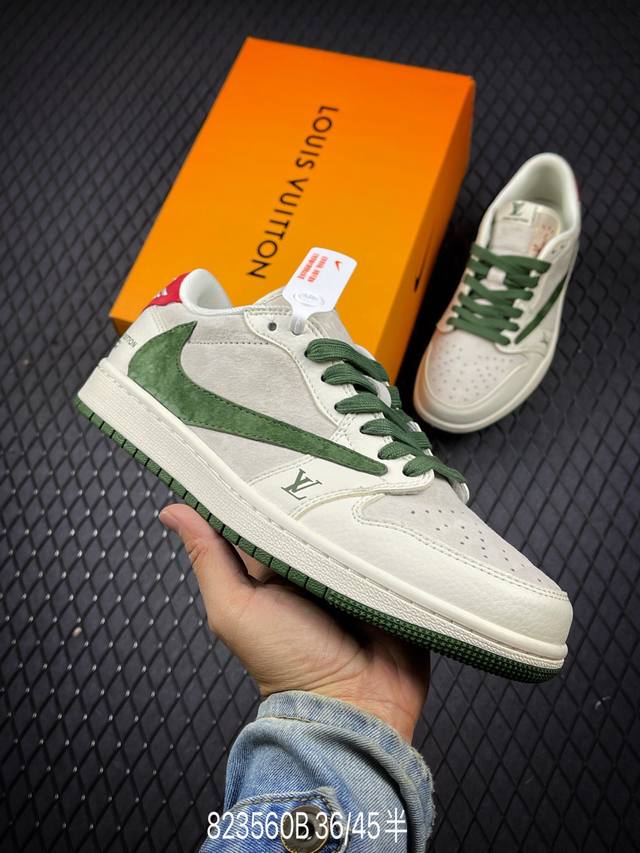 b 公司级lv X Air Jordan 1 Low 米绿红猪八 此款主张打破传统的工业化流水线设计限制，以made By Ideas的超级创意为理念，集结众多