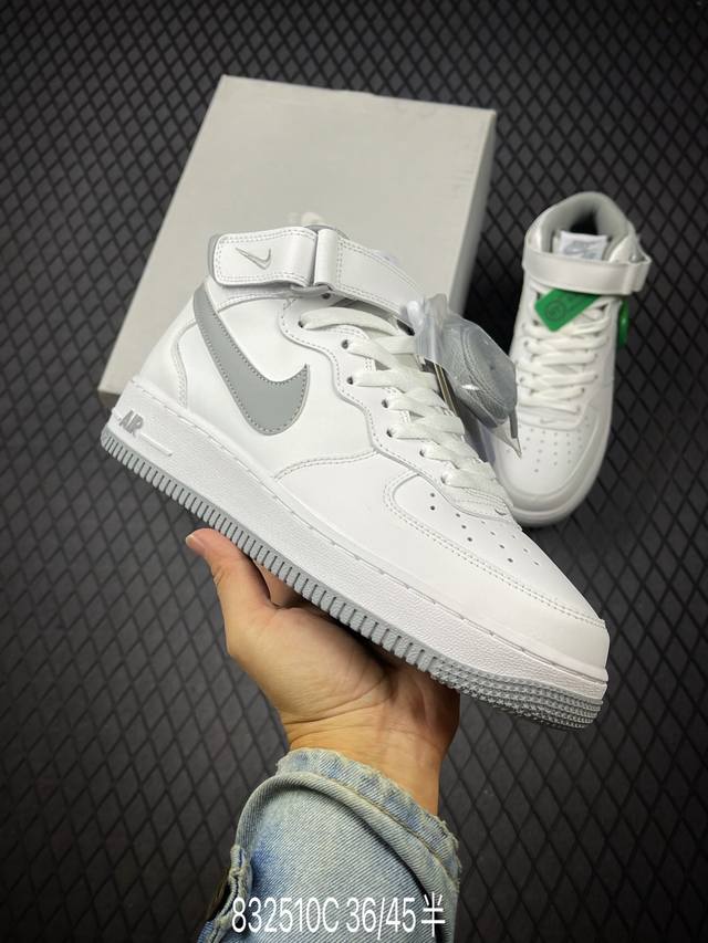 c nike Air Force 1 Mid 07 White Metallic 白灰 原楦头原纸板 打造纯正中帮空军版型 专注外贸渠道 全掌内置蜂窝气垫 原盒