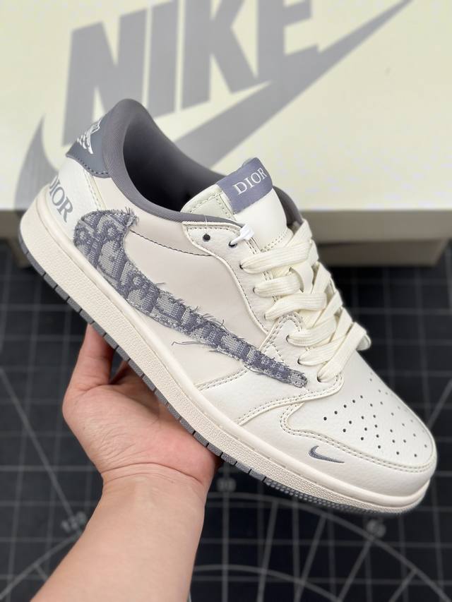 本地 核心私 travis Scott X Fragment Design X Air Jordan 1 Low Og Sp Aj1 乔1 迪奥联名-米白灰纹