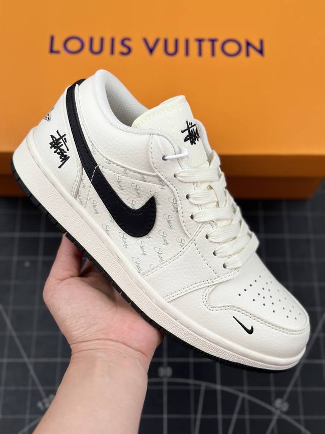 本地 核心私 air Jordan 1 Low Aj1 乔1 斯图西联名-米黑白 高端定制 低帮篮球鞋 #定制鞋盒 大厂纯原品质出货 超高清洁度 皮料切割干净无