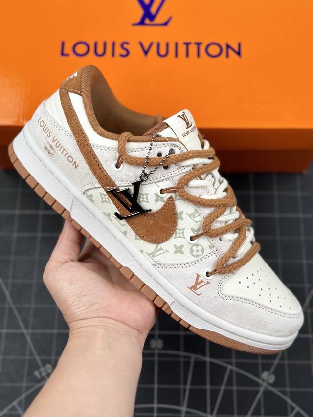 本地 核心私 路易威登x Nike Dunk Low Lv联名-灰棕绑带猪八耐克低帮休闲运动板鞋 头层牛皮与进口猪八革的搭配，上等的面料加上工匠级的缝纫，设计风