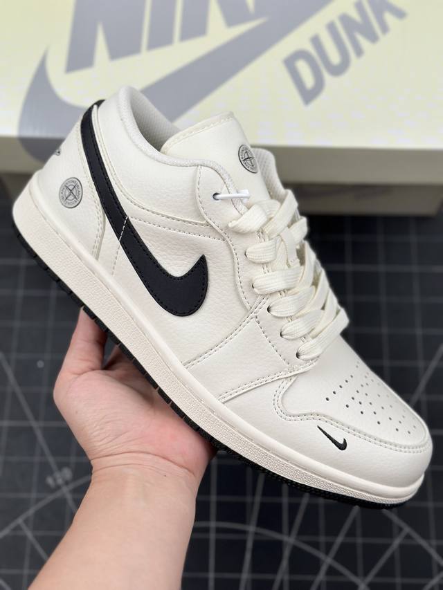 本地 核心私 air Jordan 1 Low Aj1 乔1 石头岛联名-米白墨黑 高端定制 复古低帮篮球鞋 #定制鞋盒 大厂纯原品质出货 超高清洁度 皮料切割