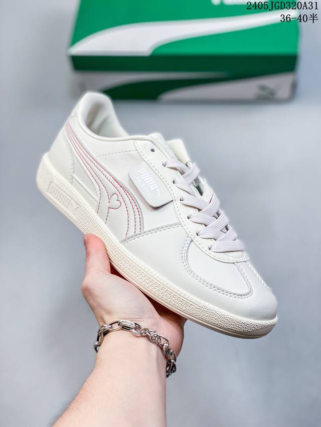 彪马puma Palermo Leather 巴勒莫系列低帮德训风拼接皮革复古百搭休闲运动板鞋“粉绿棕” 货号：397549 01 11748 尺码：36 37