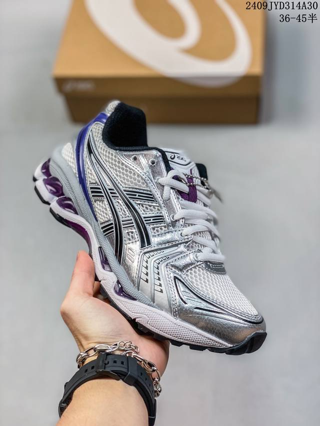 公司级asics Kayano 14亚瑟士 透气网眼鞋面配合部分合成革材质 采用全新ahar+橡胶材质,更加耐磨 户外越野休闲运动跑步鞋。 货号: 1A457-