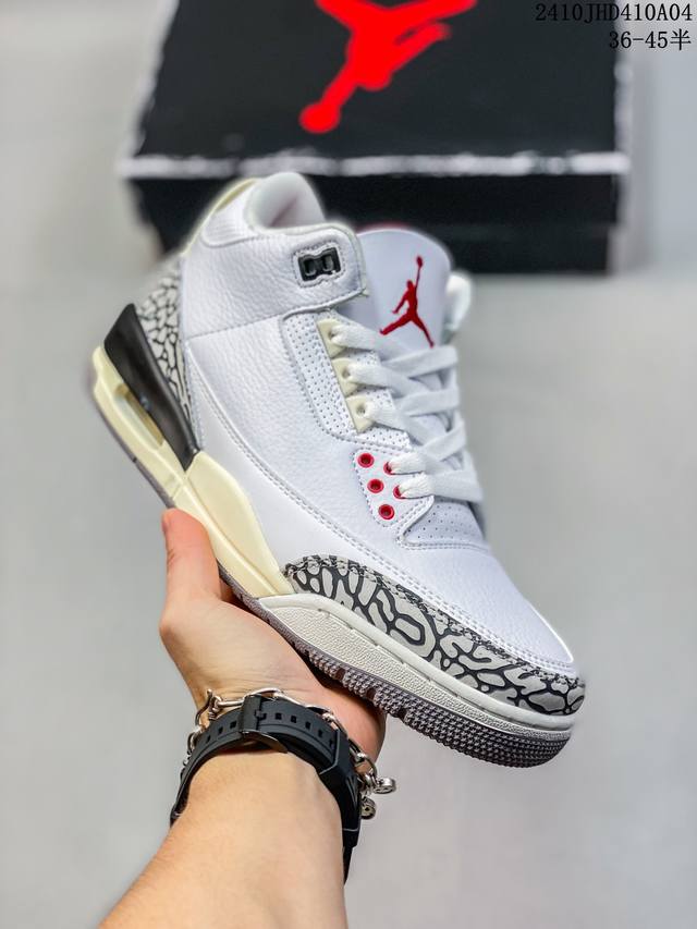 公司级air Jordan 3 Retro 复刻白水泥 Aj3 乔丹3代 Aj3 乔3 经典复刻白水泥 乔丹篮球鞋系列 鞋身以白色为主调，采用优质皮革材质搭配鞋