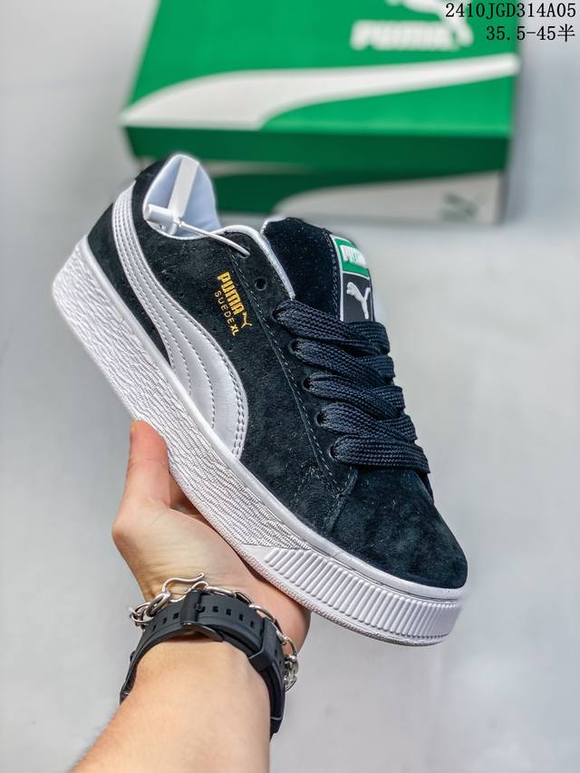 35.5-45半 真标带半码 Puma Suede Platform Cutout Wns 彪马 低帮 黑色 标贴运动鞋鞋款复刻，重温足球文化风潮；近日puma