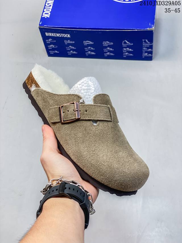 德国百年知名鞋履品牌 博肯birkenstock Boston Vl 勃肯绒面 加绒加毛 秋冬新款 金属针扣软木底包头拖鞋 牛皮革质地柔软 搭配可调节鞋扣提升穿