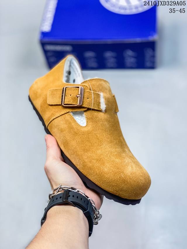 德国百年知名鞋履品牌 博肯birkenstock Boston Vl 勃肯绒面 加绒加毛 秋冬新款 金属针扣软木底包头拖鞋 牛皮革质地柔软 搭配可调节鞋扣提升穿