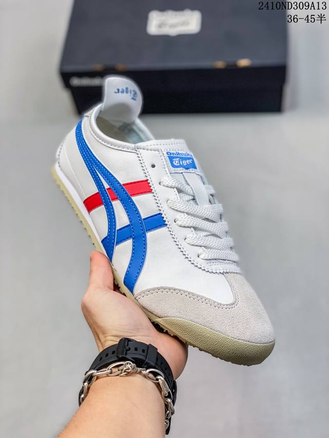 Onitsuka Tiger Mexico 66 阿斯克斯 亚瑟士 鬼冢虎 低帮 白蓝红 减震支撑低邦运动休闲鞋男女同款 这款鞋由皮革制成，具有鞋跟交叉加固设计