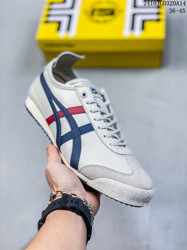 Onitsuka Tiger Mexico 66 阿斯克斯 亚瑟士 鬼冢虎 低帮 白蓝红 减震支撑低邦运动休闲鞋男女同款 这款鞋由皮革制成，具有鞋跟交叉加固设计