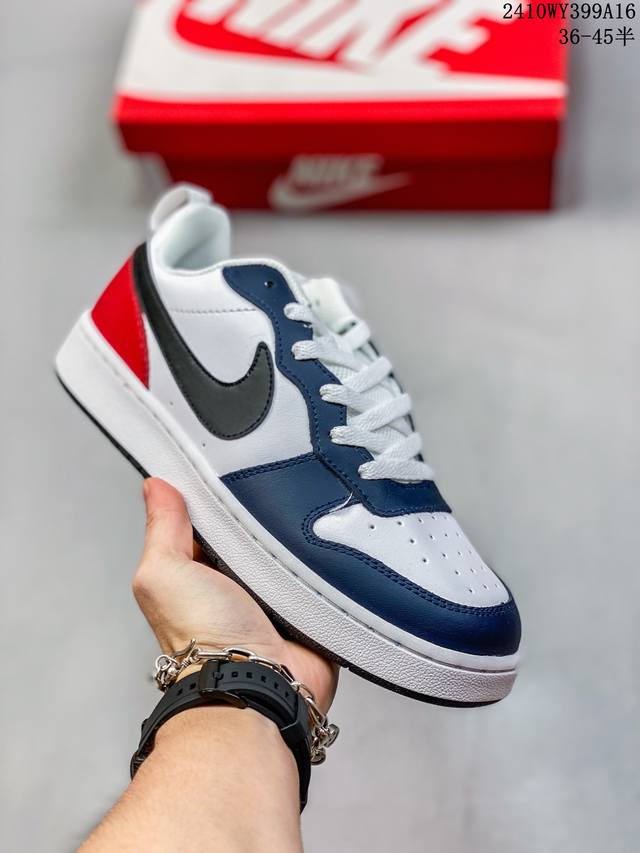 耐克 Nike 男女子运动鞋 Court Borough Low 小空军低帮板鞋。1.其皮革材质的鞋面结合网眼鞋舌，在出众外观与质感的同时提供稳固支撑，并且提升