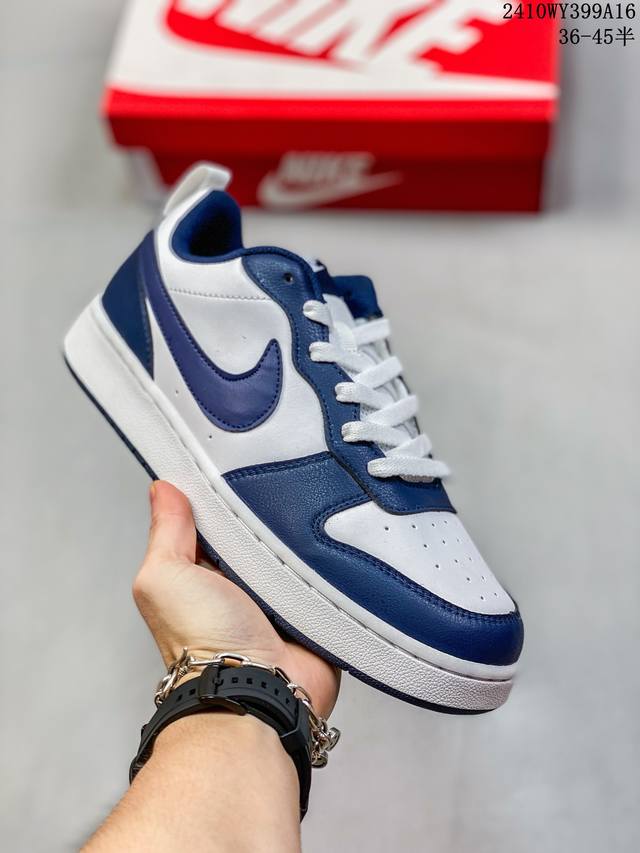 耐克 Nike 男女子运动鞋 Court Borough Low 小空军低帮板鞋。1.其皮革材质的鞋面结合网眼鞋舌，在出众外观与质感的同时提供稳固支撑，并且提升